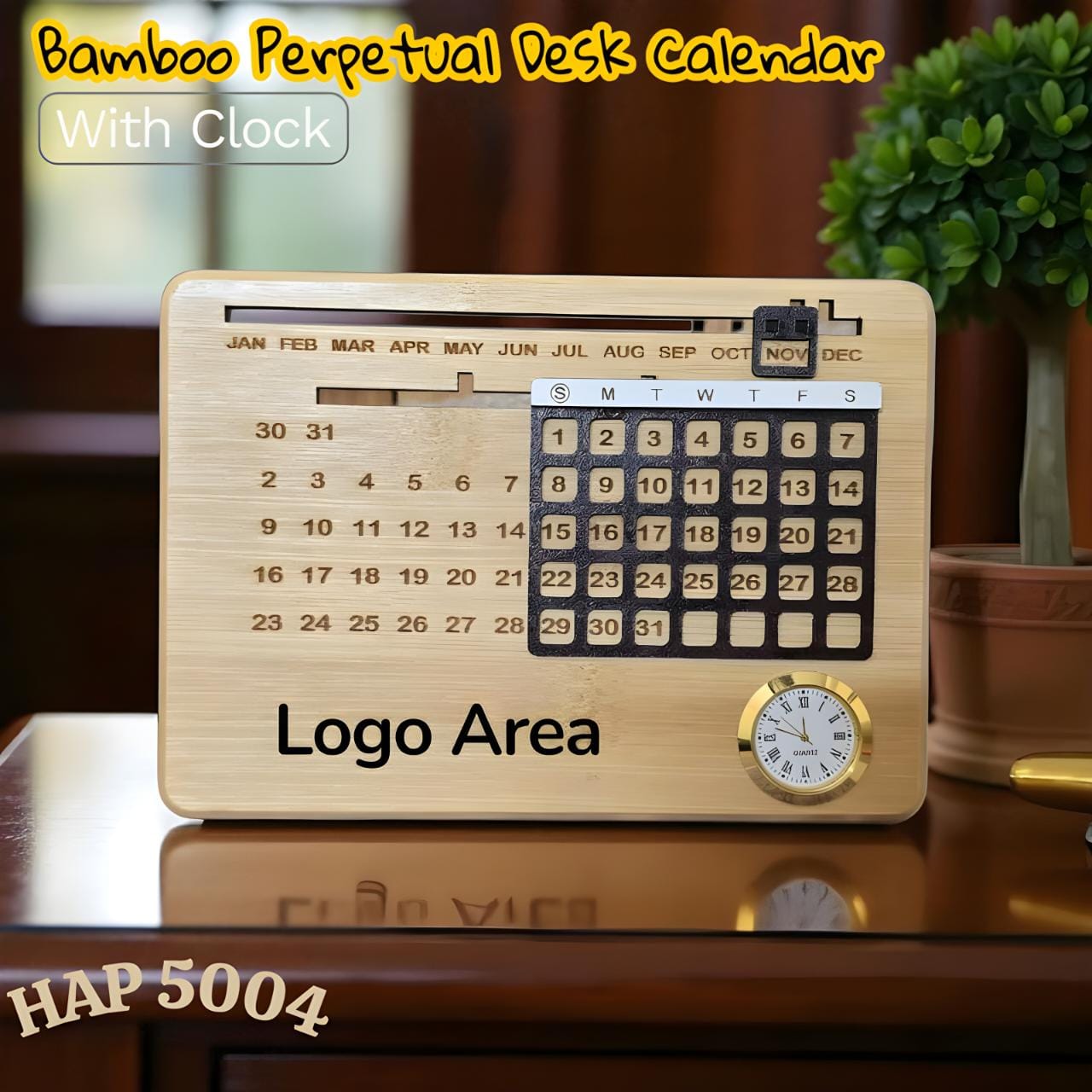 Bamboo Perpetual Desk Calendar with Clock – HAP 5004